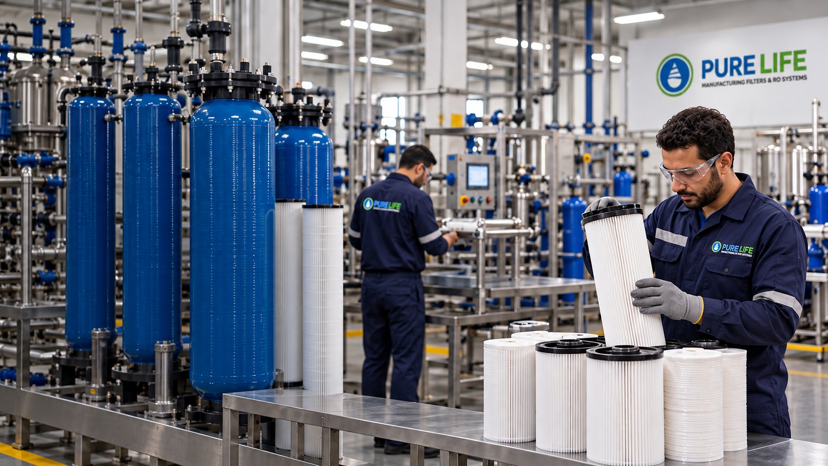 Illustrative scene of filtration manufacturing and product inspection