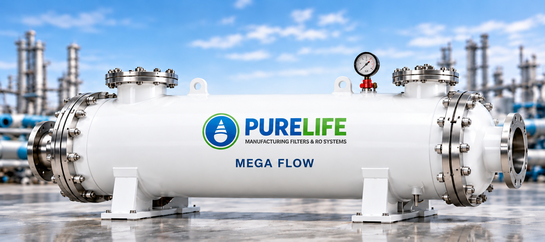 PureLife white MEGA FLOW filter with directly printed branding