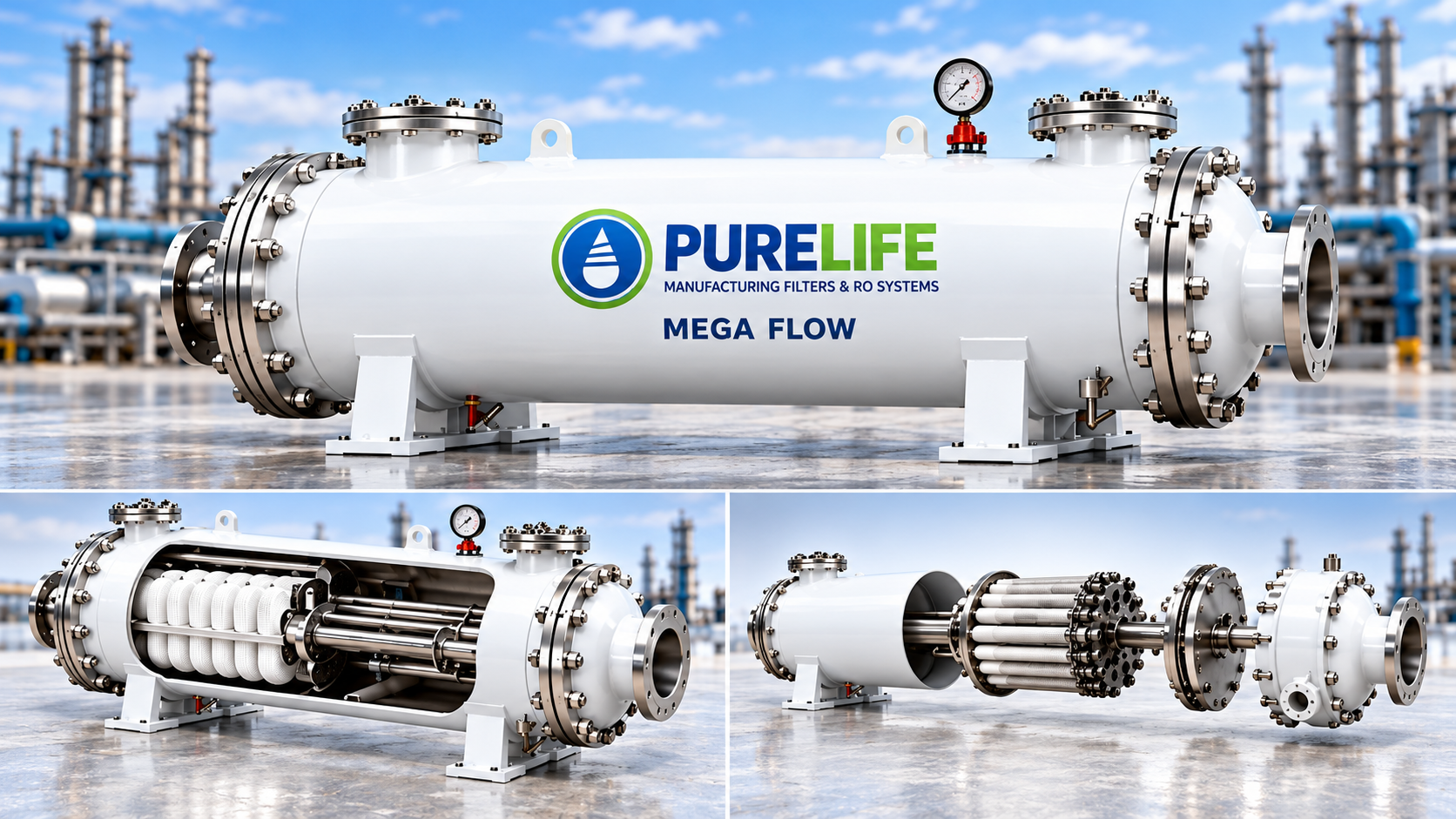 White MEGA FLOW filter, cutaway and assembly views