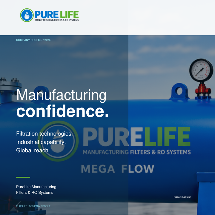 PureLife 2026 Company Profile cover featuring MEGA FLOW filtration equipment