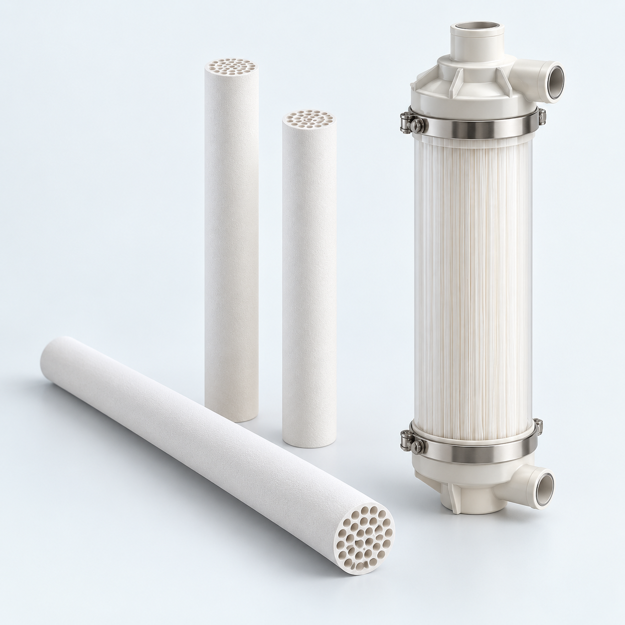 Illustration of ceramic membranes and an ultrafiltration module